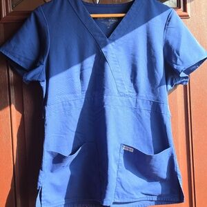 Grey's Anatomy Riley 3 Pocket Mock Wrap V Neck Blue Scrub Top Size M